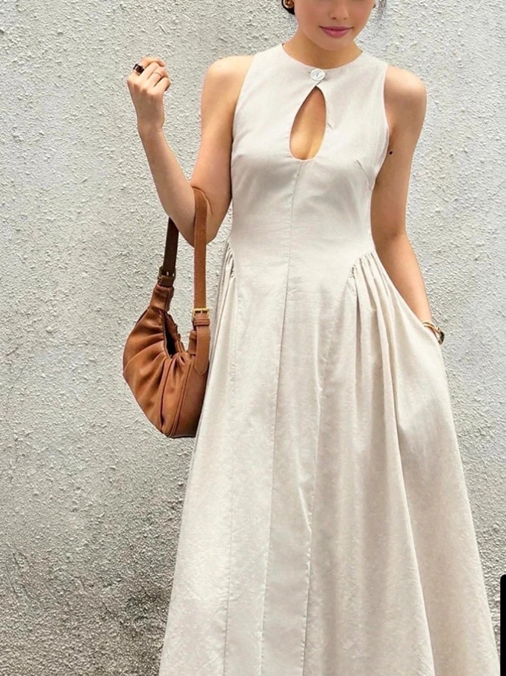 COMMENSE Cotton & Linen Pleated Cutout Long Dress Cutout Pleated Midi Dress in